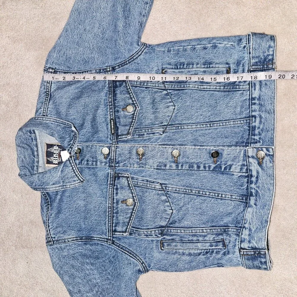 Biker Blues Harley Davidson Cropped Denim Jacket Embroidered Flags Ladies Small - Picture 9 of 14